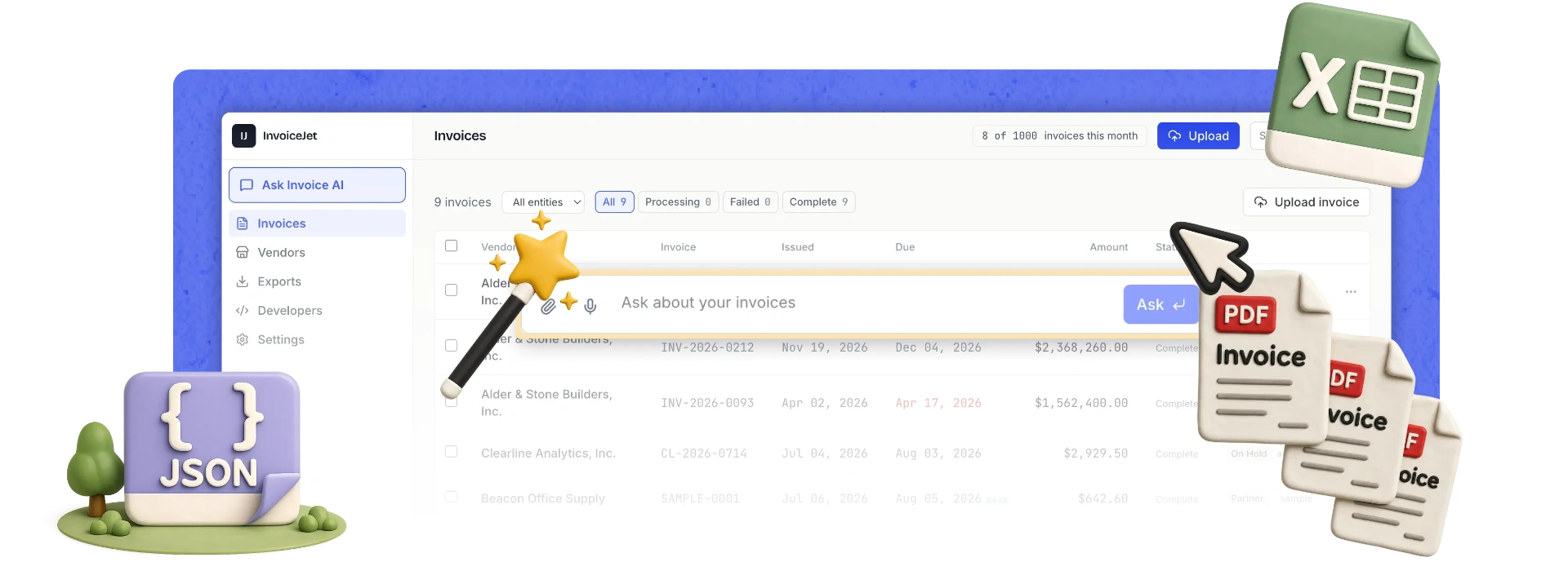 InvoiceJet dashboard showing a list of extracted invoices with vendor, invoice number, issued and due dates, amounts, and status.